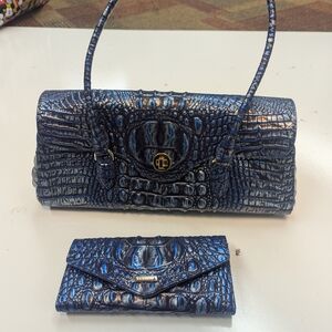 Brahmin Blue Crocodile Embossed Shoulder Bag and Wallet